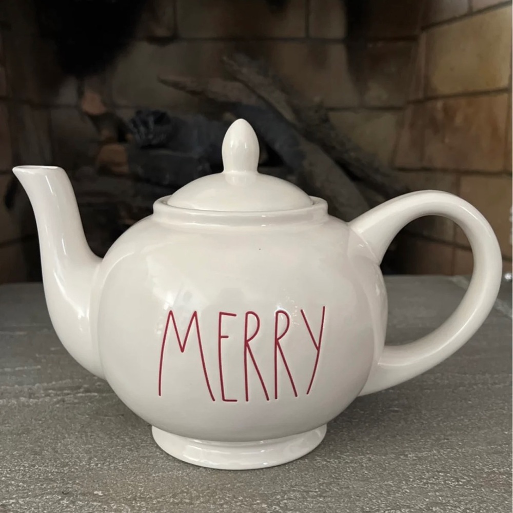Brand new Rae Dunn Christmas Merry Teapot with red writing